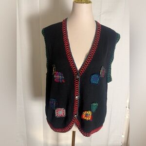 1995 Susan Bristol Vintage Sweater Vest XL Patchwork Embroidered Ramie Cotton